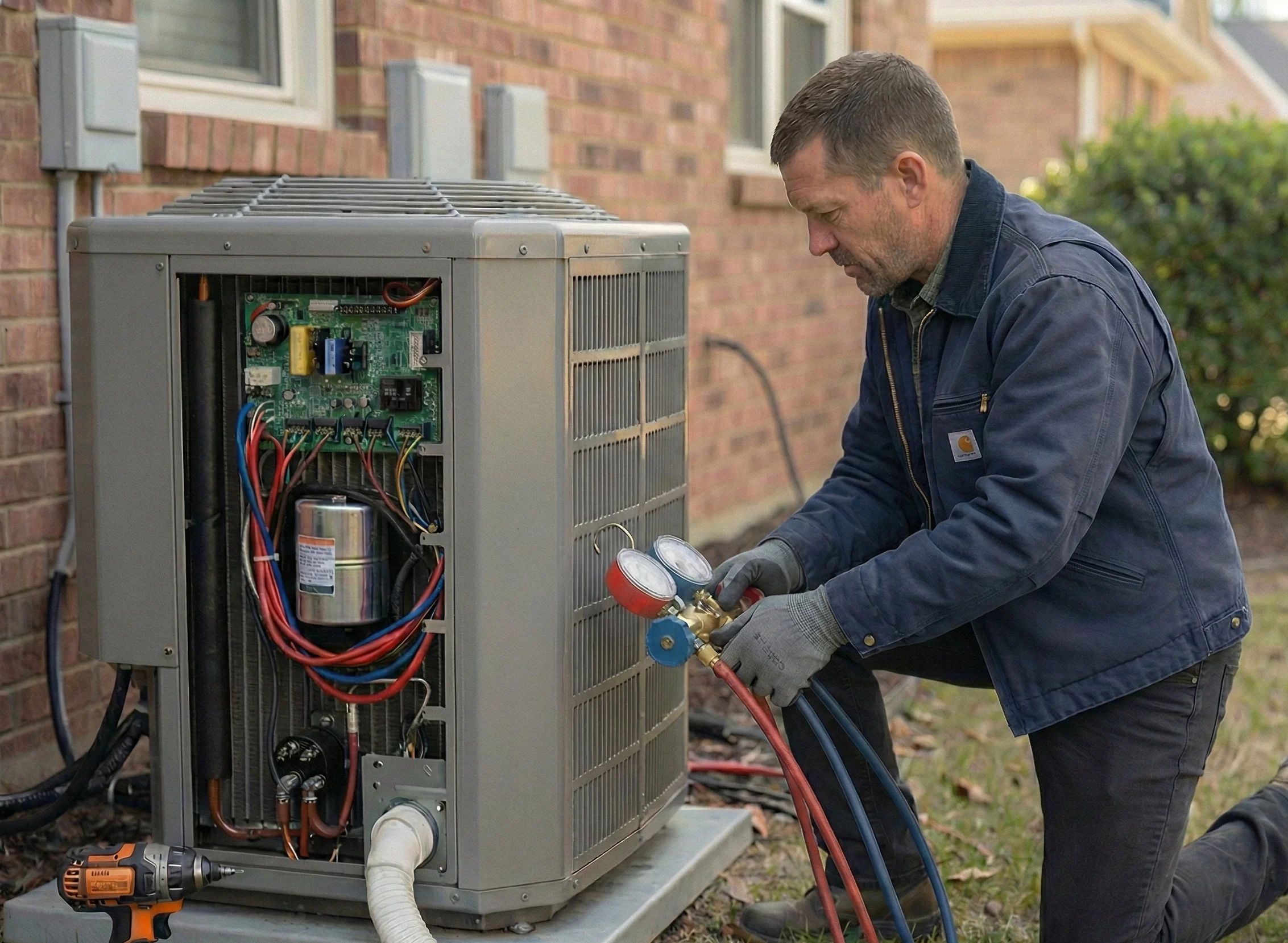 The owner of Professional Heating and Cooling performing an AC tune-up for a home in Nashville, TN.