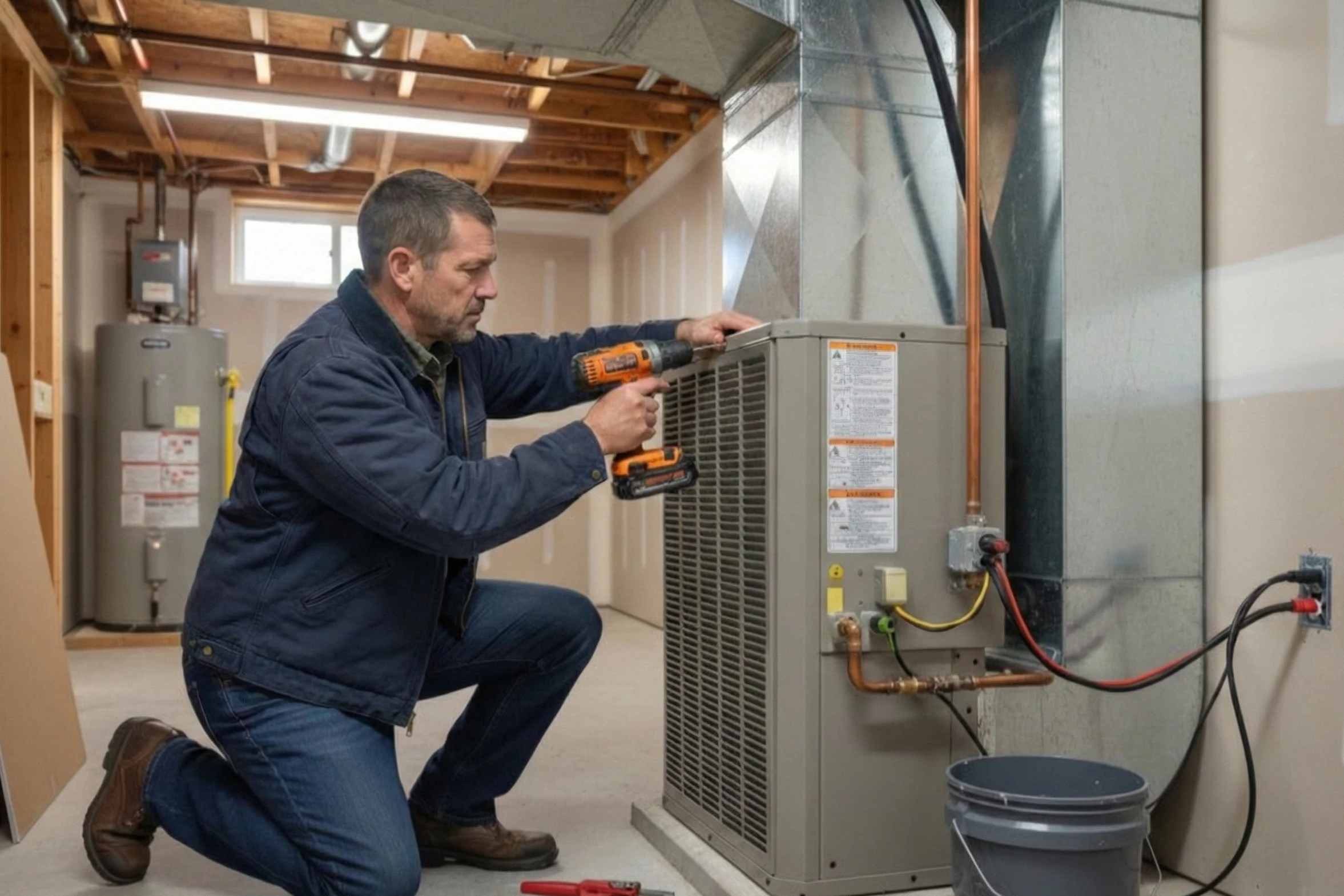 Professional Heating and Cooling owner performing a new air conditioner installation in a Nashville home's basement.