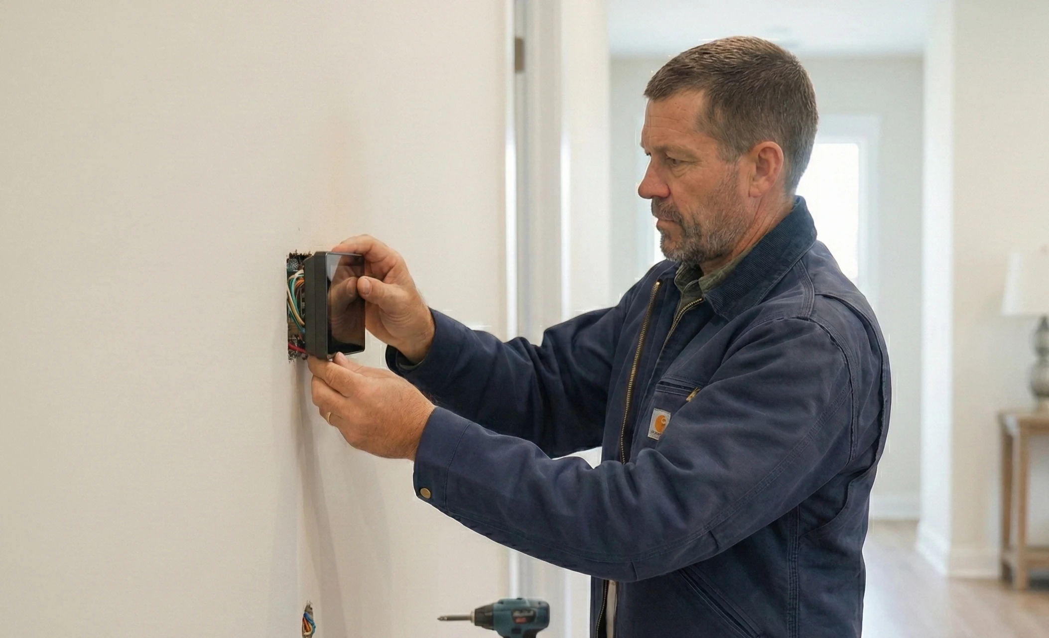 Professional Heating and Cooling owner Anthony installing a modern smart thermostat for a Nashville homeowner.