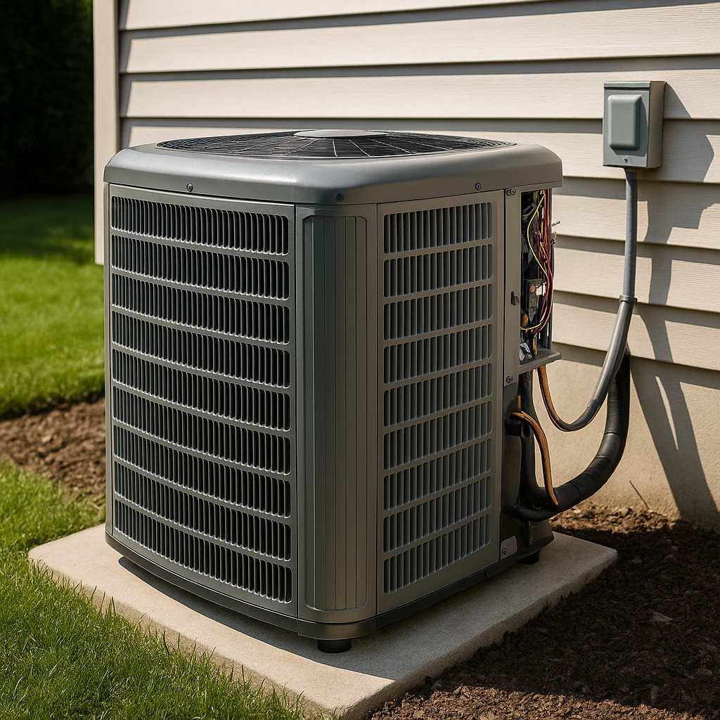 A modern gray residential air conditioner unit installed on a concrete slab next to a home in Nashville, TN.